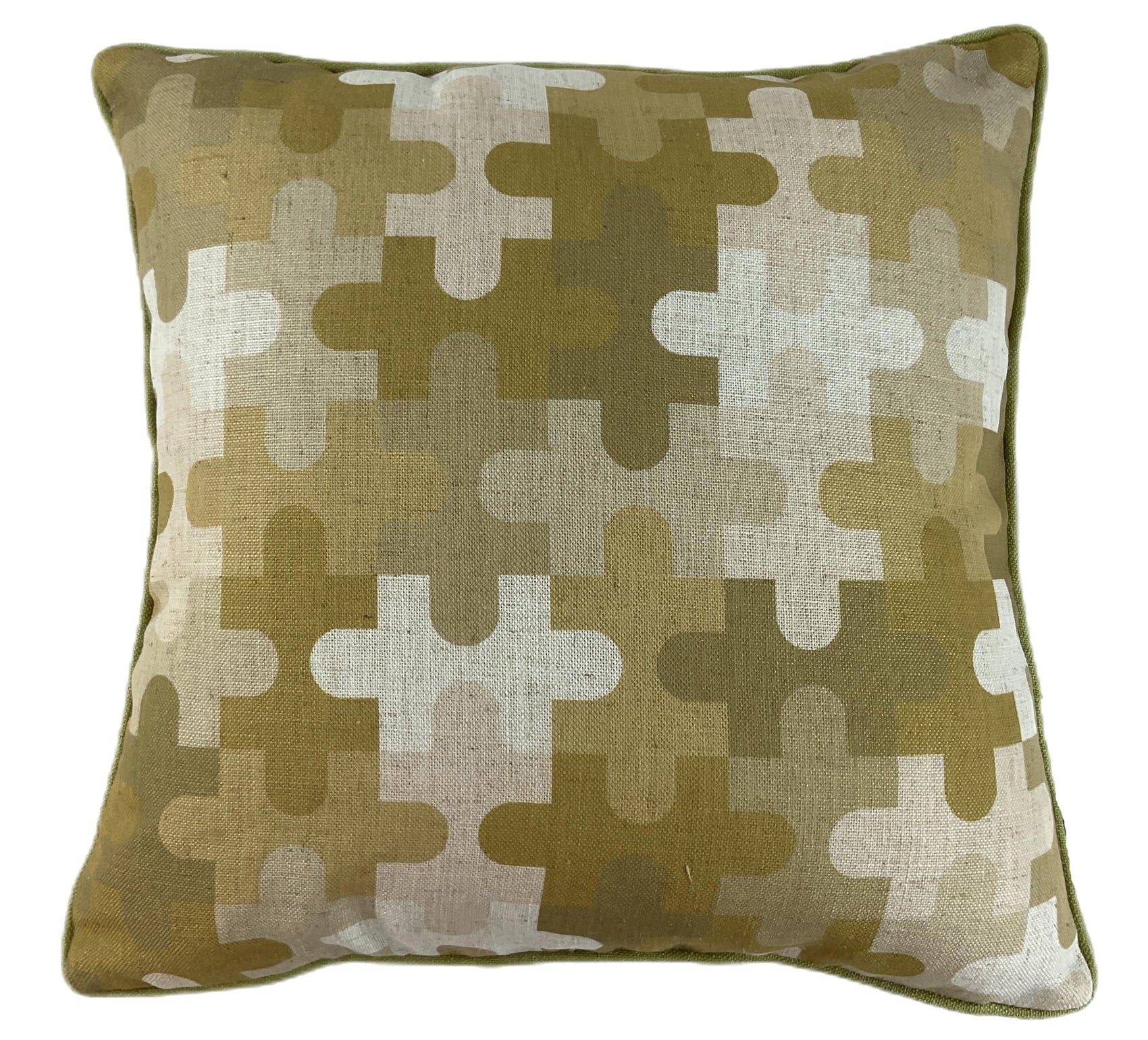 Malini Modern Jigsaw Print On Fax Linen Swampgreen Square Cushion 45x45