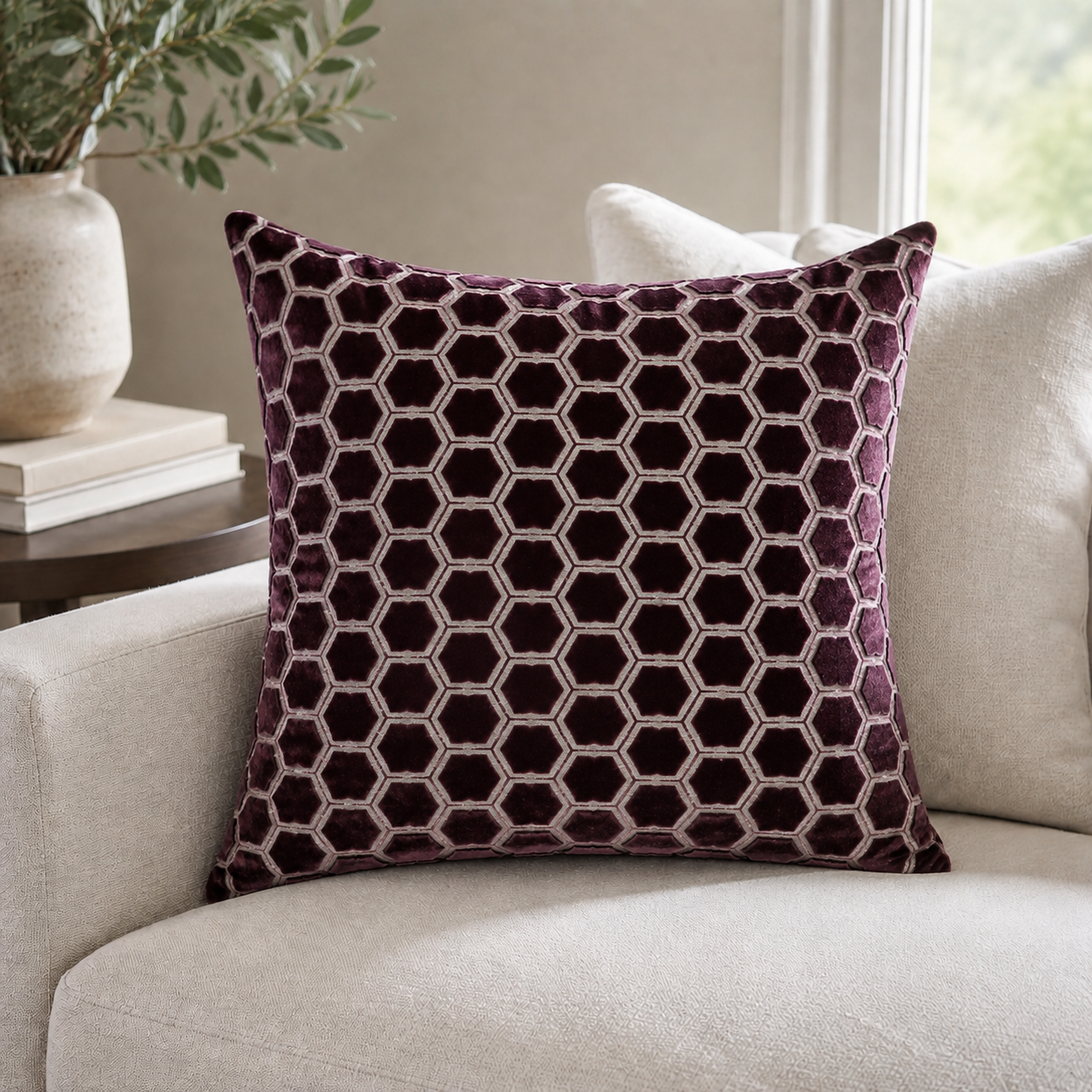 Malini Jorvik Hex Velvet Aubergine Square Cushion 43x43 lifestyle image