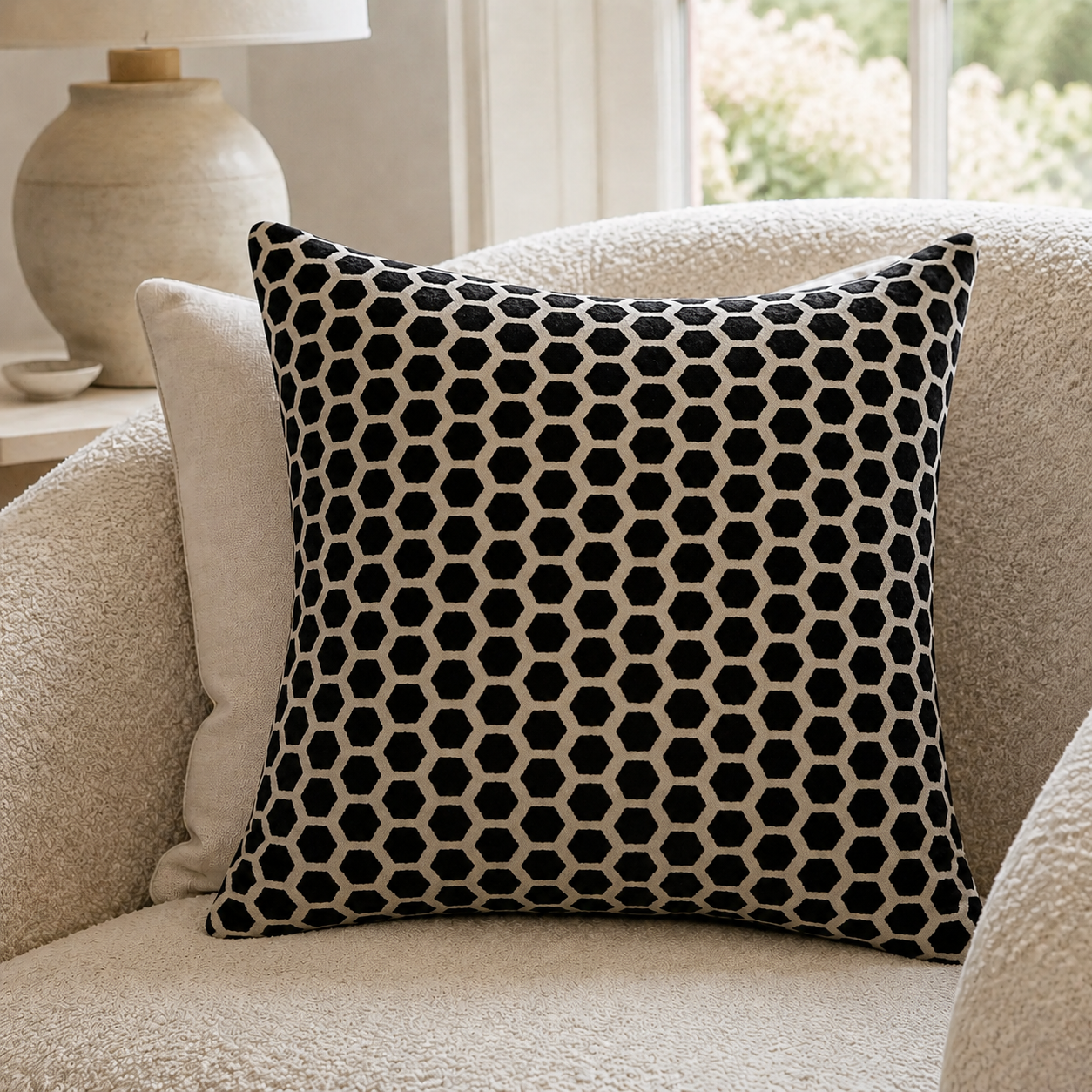 Malini Jorvik Hex Velvet Black Square Cushion 43x43 lifestyle image