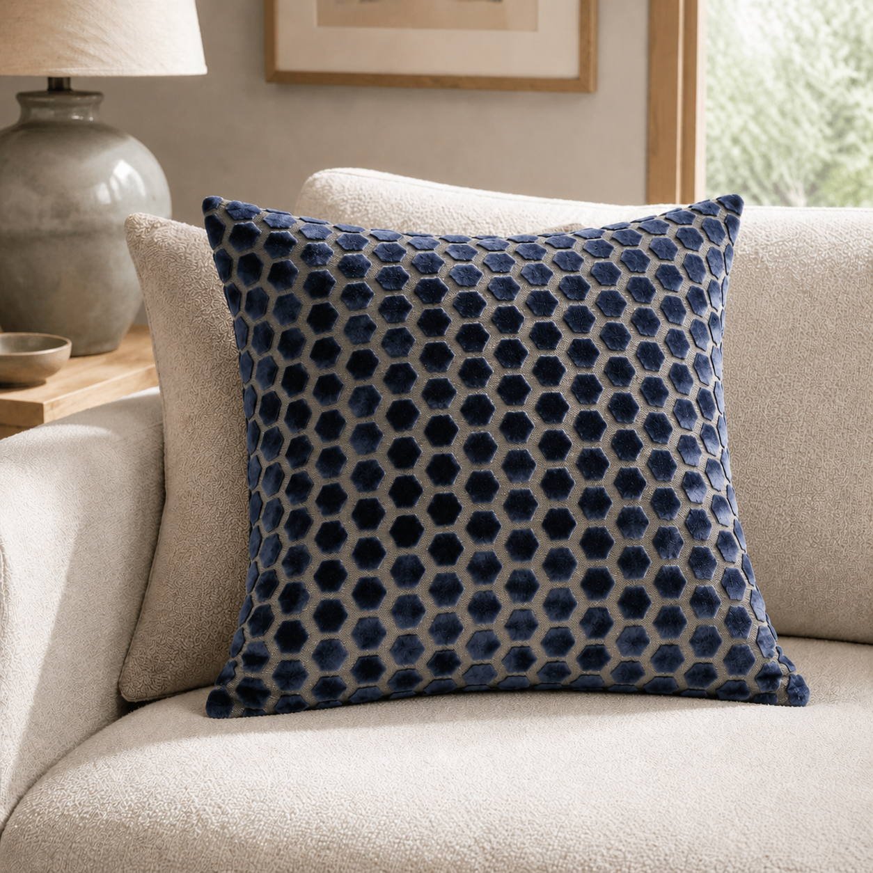 Malini Jorvik Hex Velvet Navy Square Cushion 43x43 lifestyle image