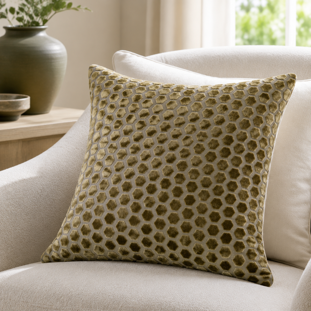Malini Jorvik olive green hex velvet square cushion 43x43 in a neutral living room