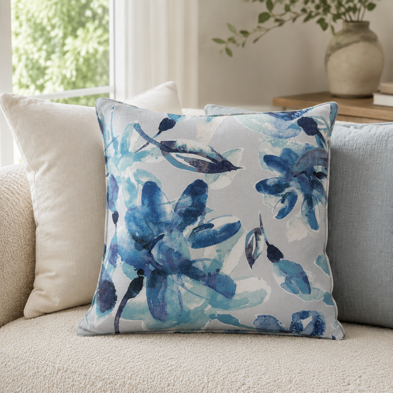Malini Kelly Blue Floral Square Cushion styled on a neutral sofa