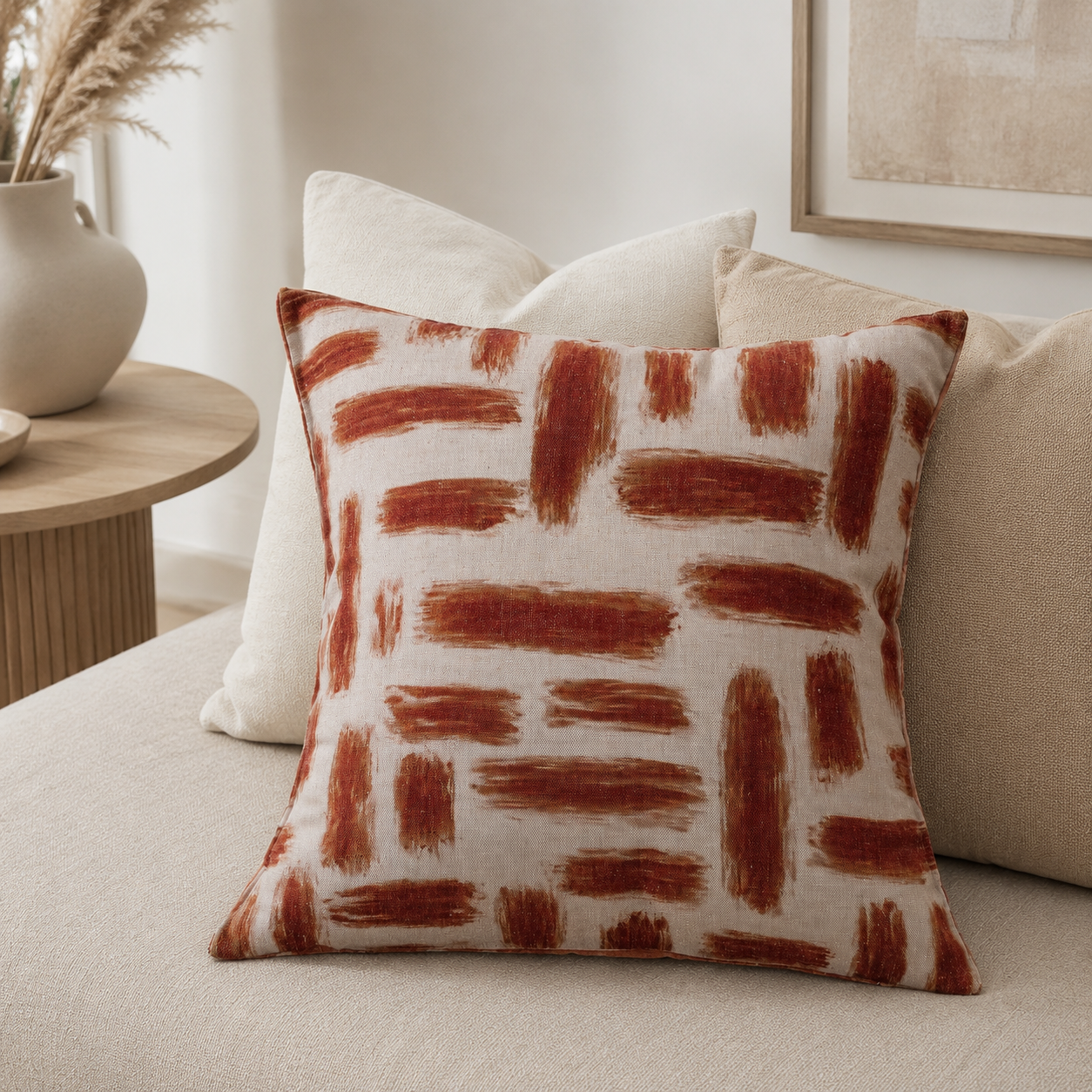 Malini Kentish Rust Orange Abstract Square Cushion styled on a neutral sofa