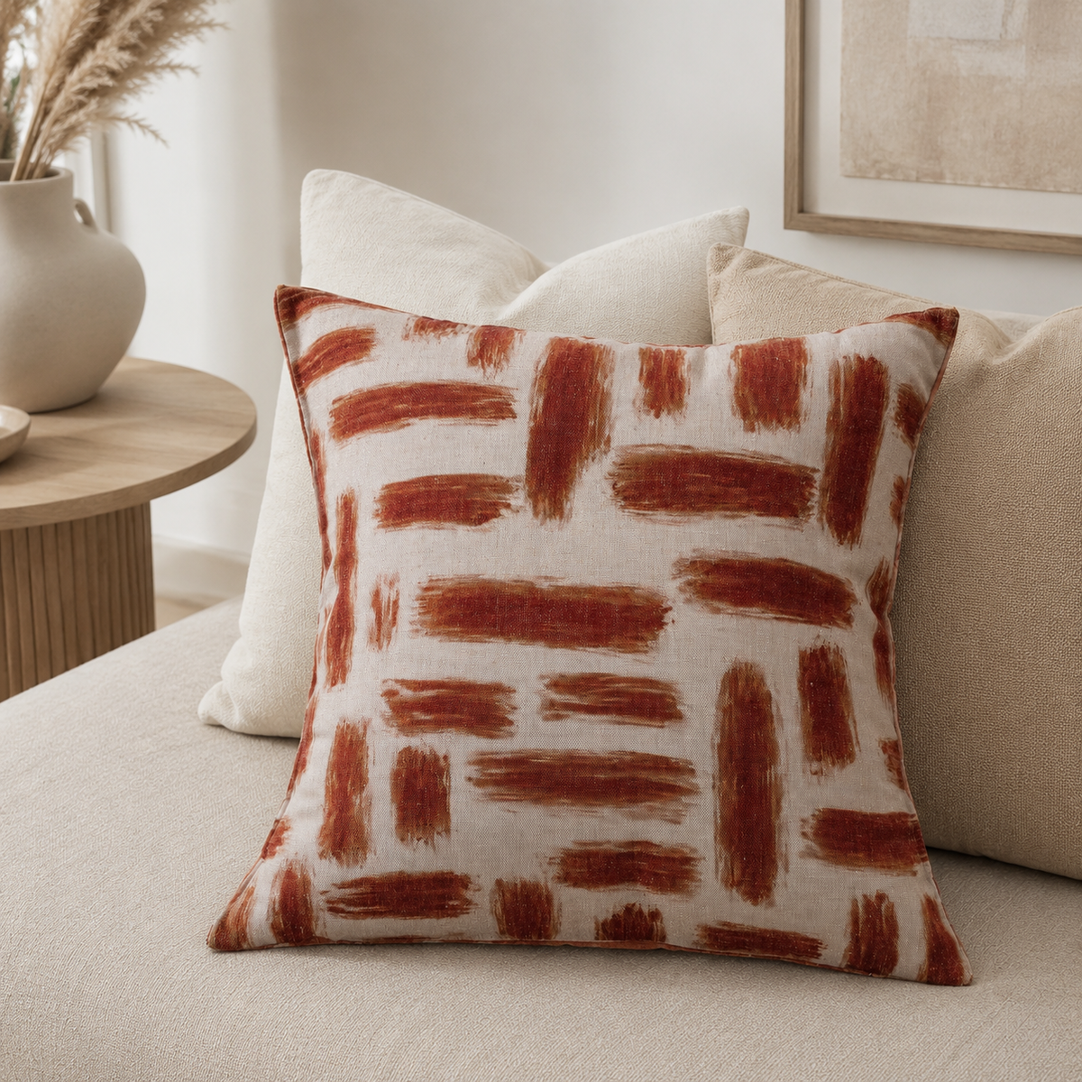 Malini Kentish Rust Orange Abstract Square Cushion styled on a neutral sofa