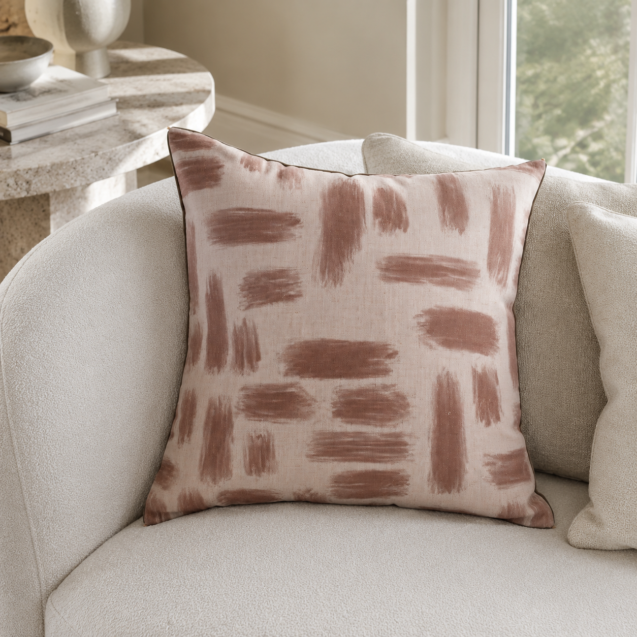 Malini Kentish Taupe Abstract Square Cushion styled on a neutral sofa