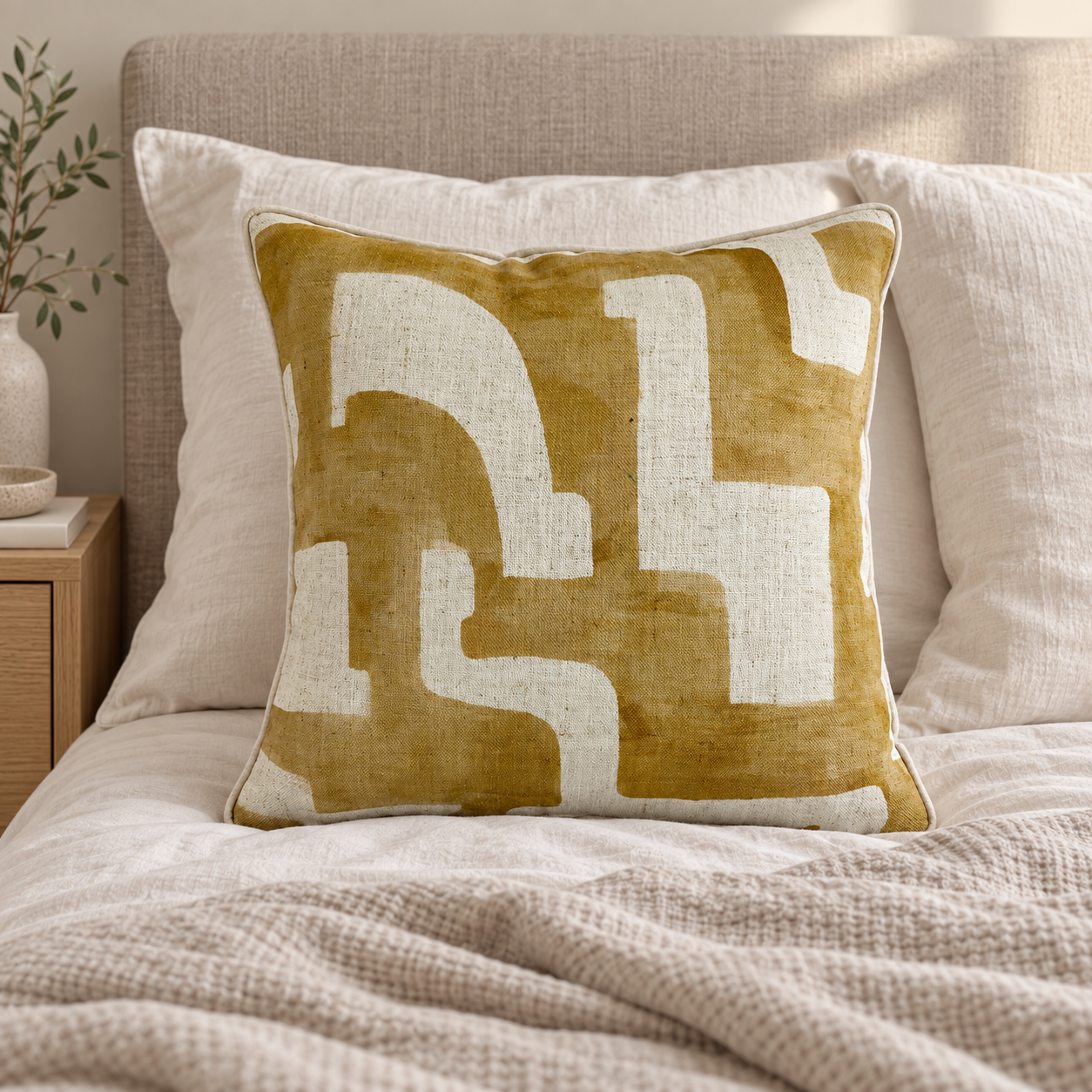 Malini Abstract Rev Square Cushion Whiskey 45x45 in a cosy interior with natural daylight