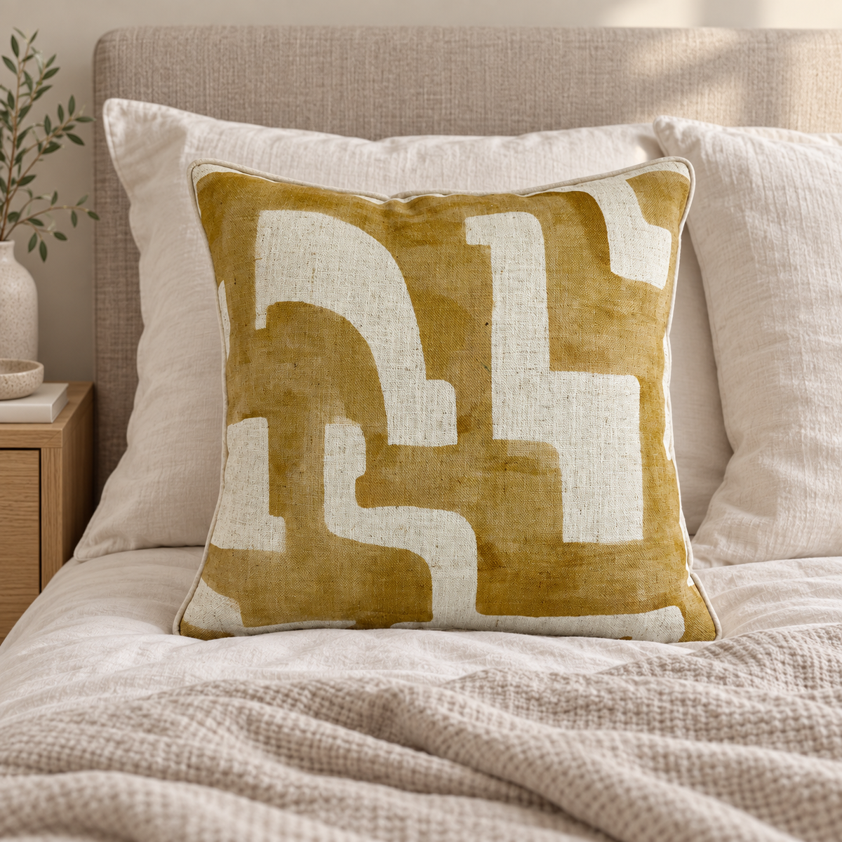 Malini Abstract Rev Square Cushion Whiskey 45x45 in a cosy interior with natural daylight