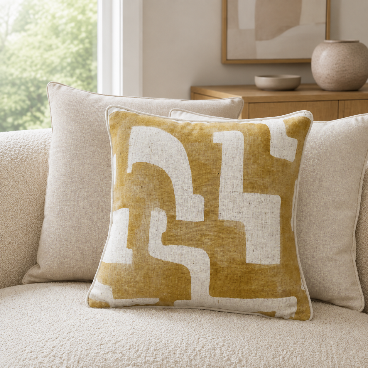 Malini Abstract Rev Square Cushion Whiskey 45x45 lifestyle image