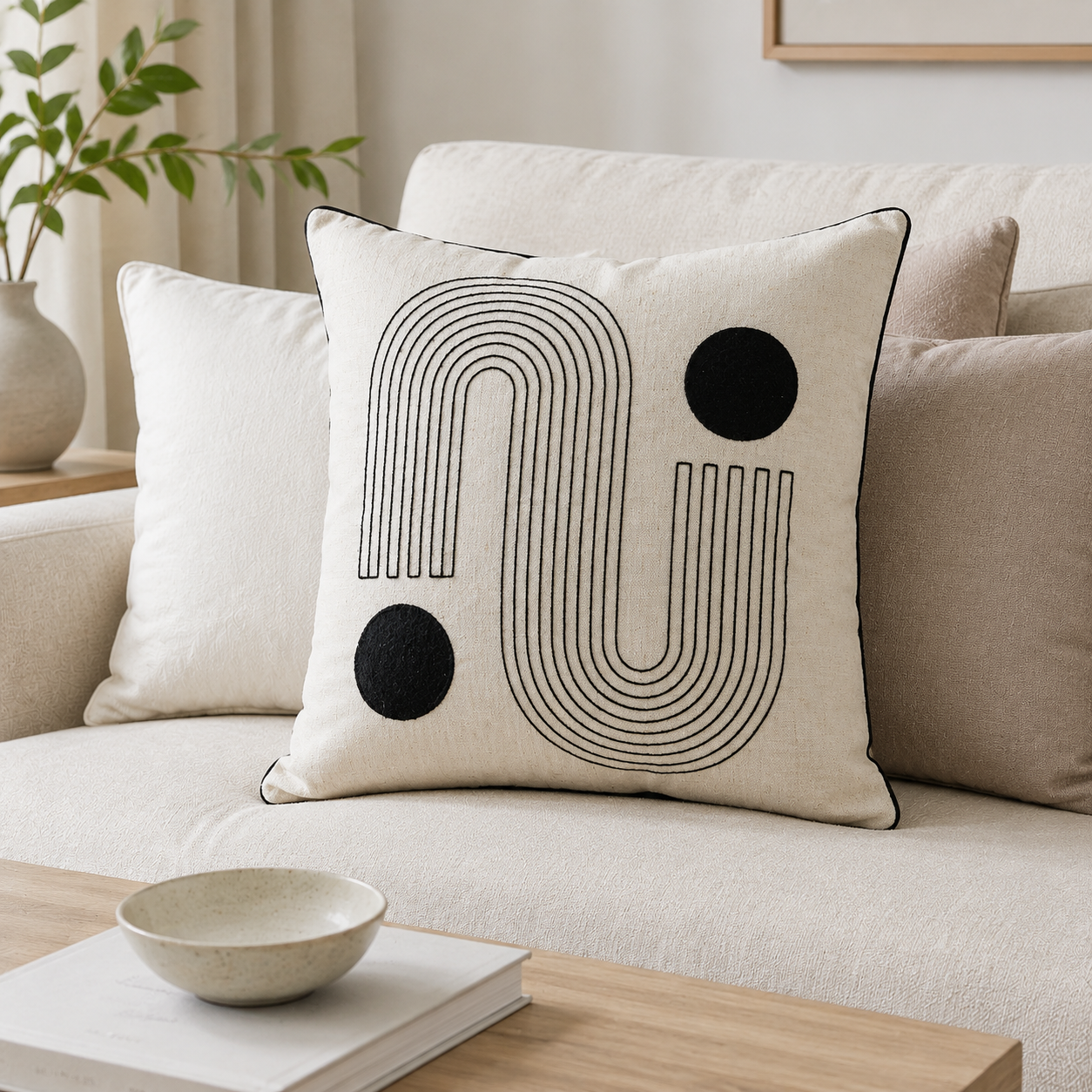 Malini Klee Art Deco Black Square Cushion styled on a neutral sofa