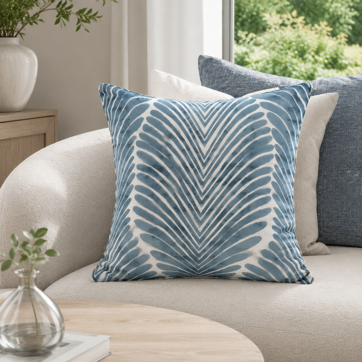 Malini Klyf Blue Square Cushion styled on a neutral sofa