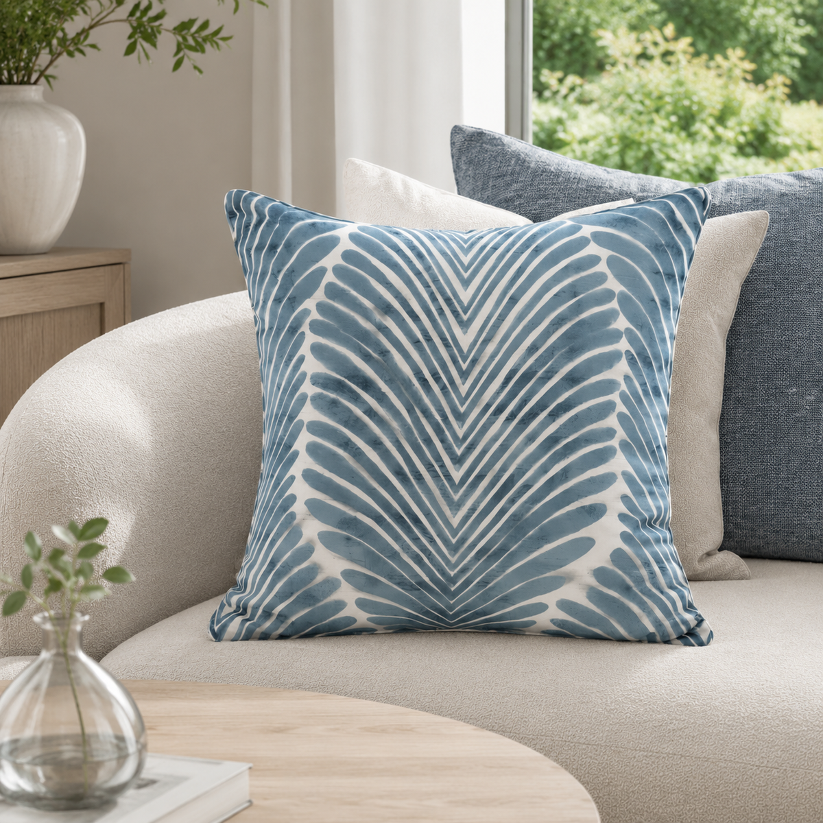 Malini Klyf Blue Square Cushion styled on a neutral sofa