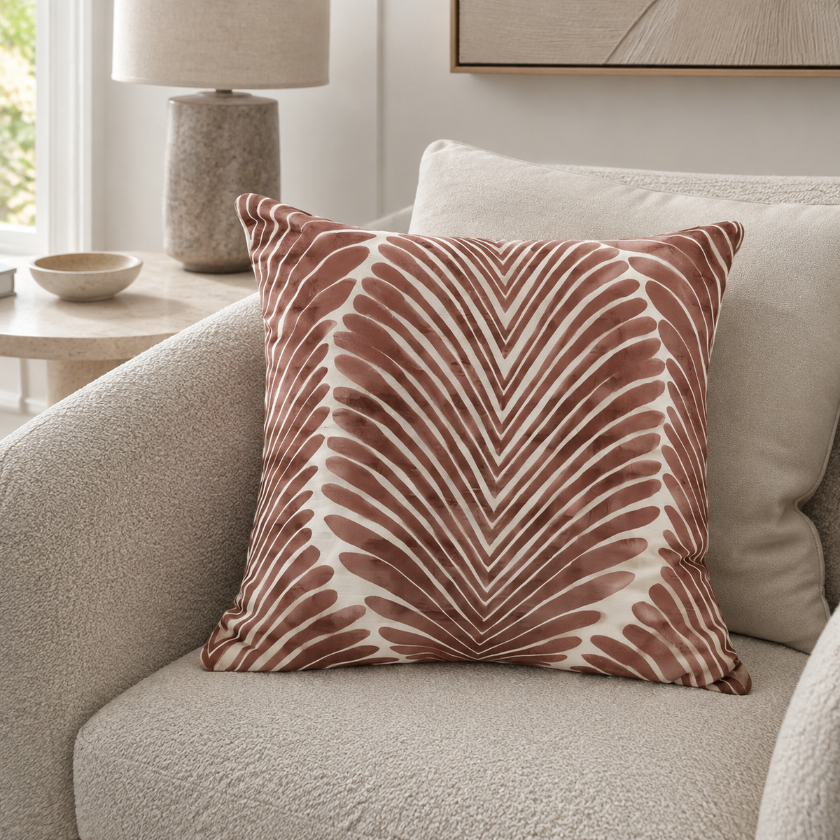 Malini Klyf Rosewood Pink Square Cushion styled on a neutral armchair