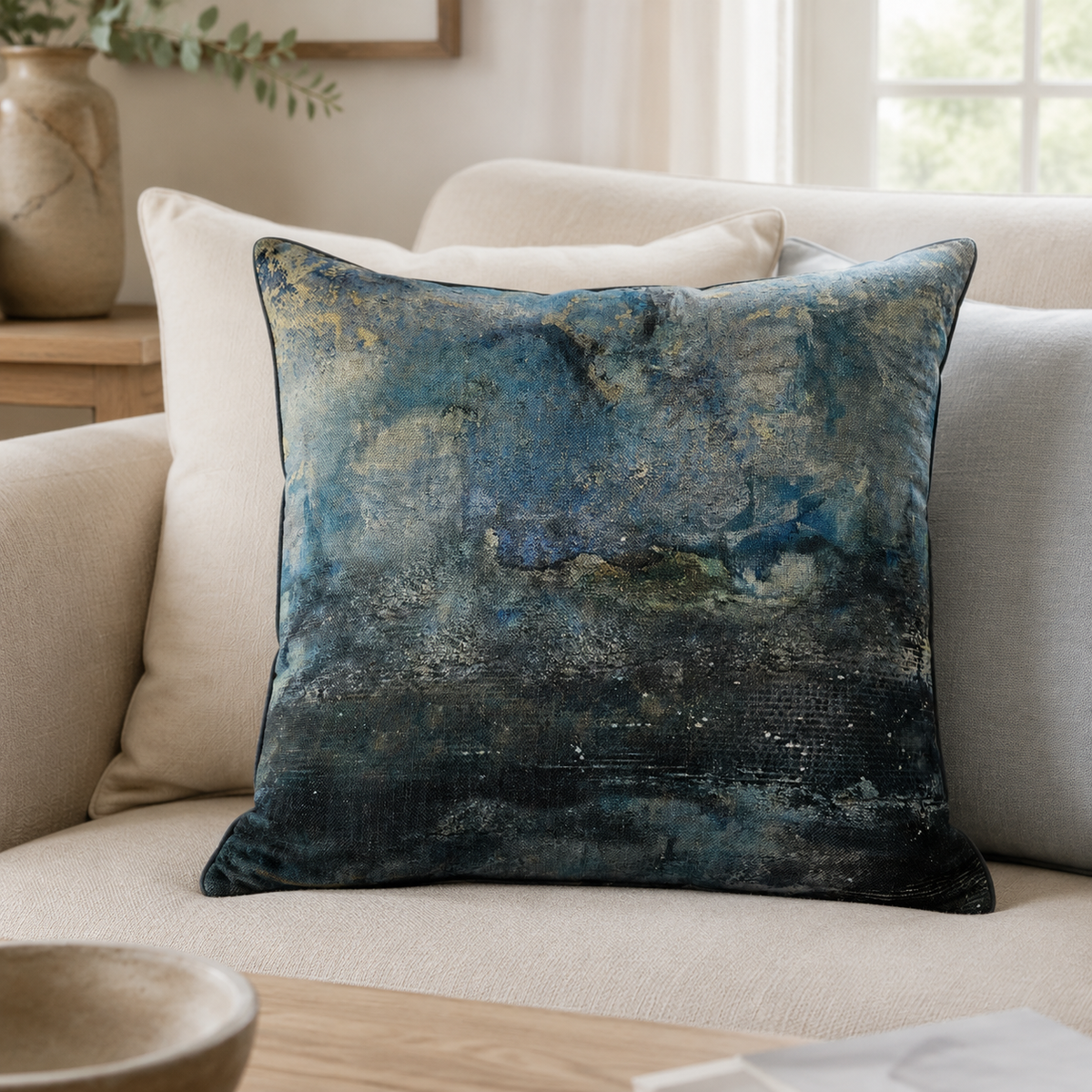 Malini Lagoon Blue Washed Out Abstract Square Cushion styled on a neutral sofa