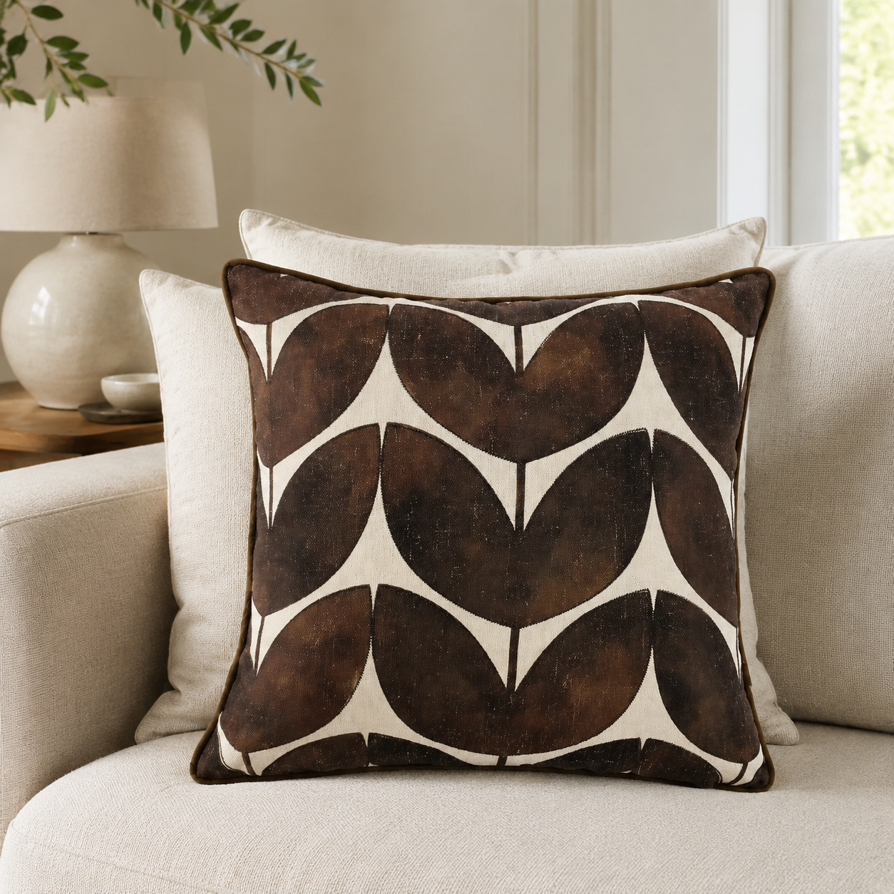 Malini Lula chocolate brown patterned 45x45 cushion styled on a light neutral sofa