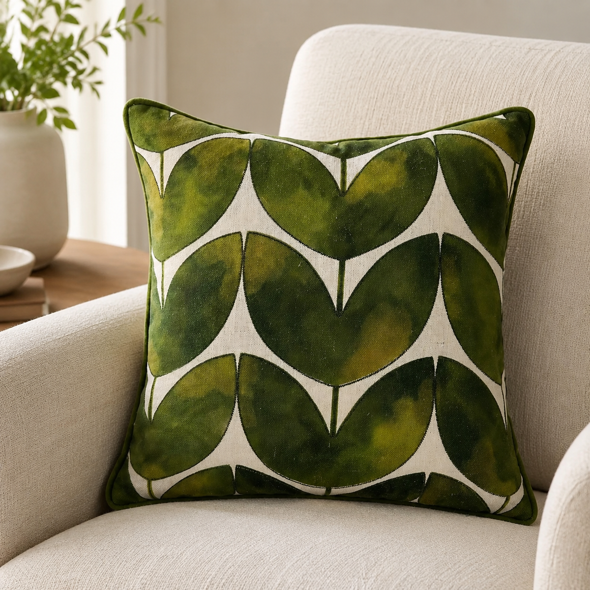 Malini Lula Olive Green Square Cushion 45x45 lifestyle image