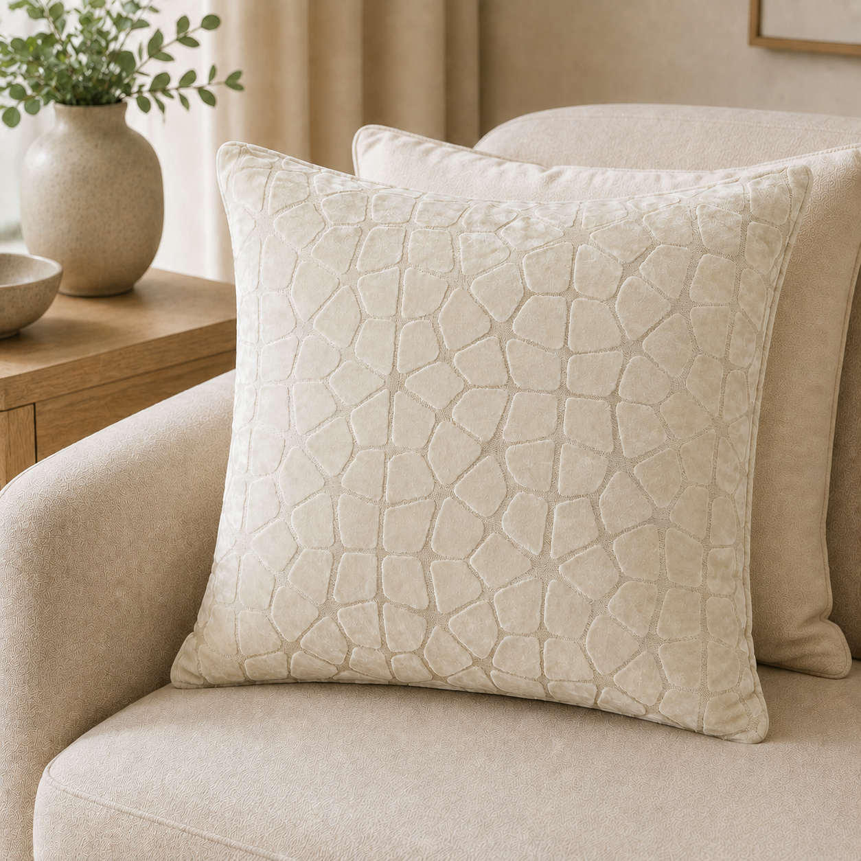 Malini Luna ivory textured 43x43 cushion styled on a light neutral armchair