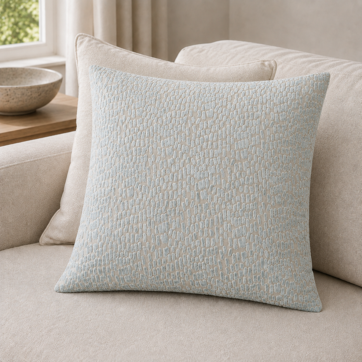 Malini Melody Baby Blue Velvet Square Cushion 43x43 lifestyle image