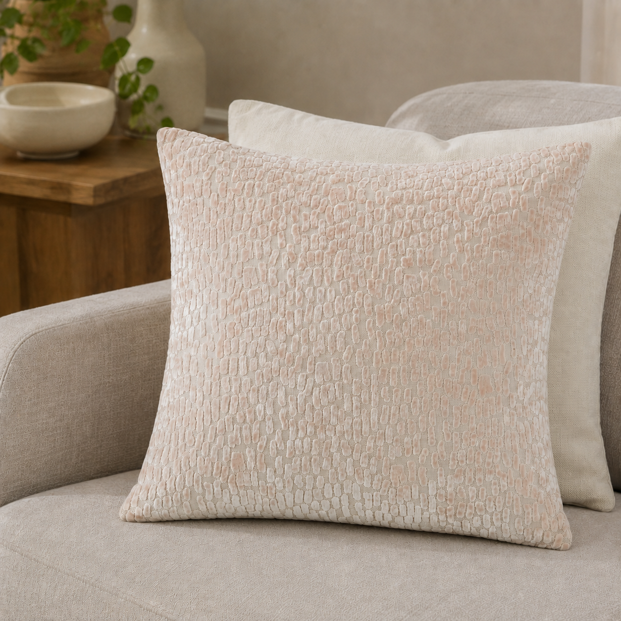 Malini Melody Baby Pink Velvet Square Cushion 43x43 lifestyle image