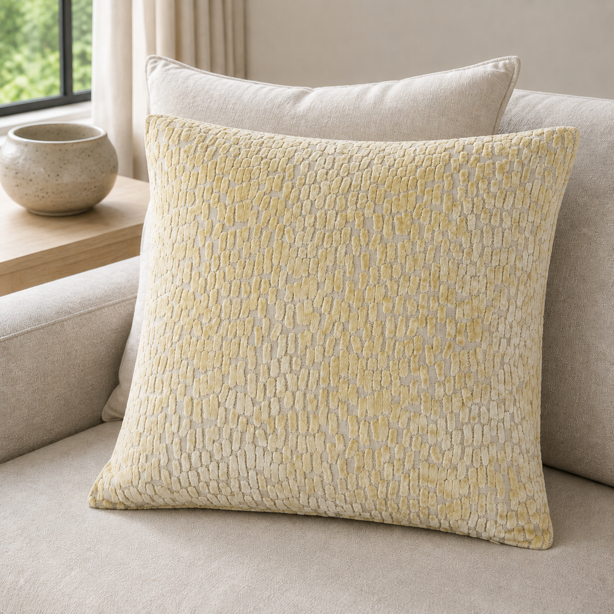 Malini Melody Buttercup Yellow Velvet Square Cushion 43x43 lifestyle image