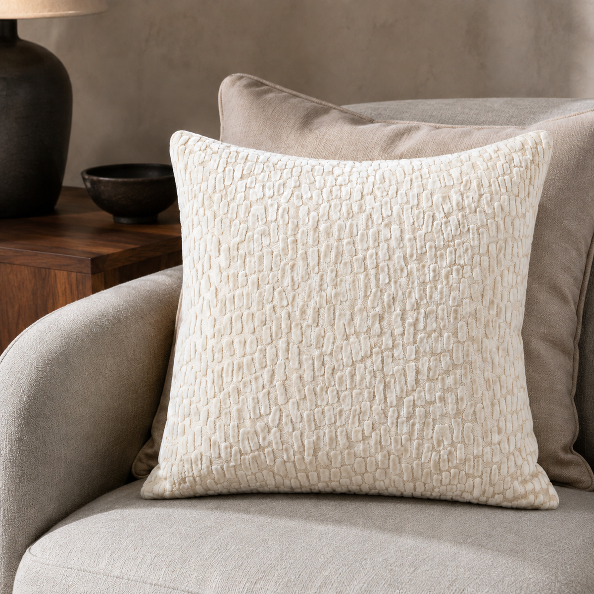 Malini Melody Ivory Velvet Square Cushion 43x43 lifestyle image