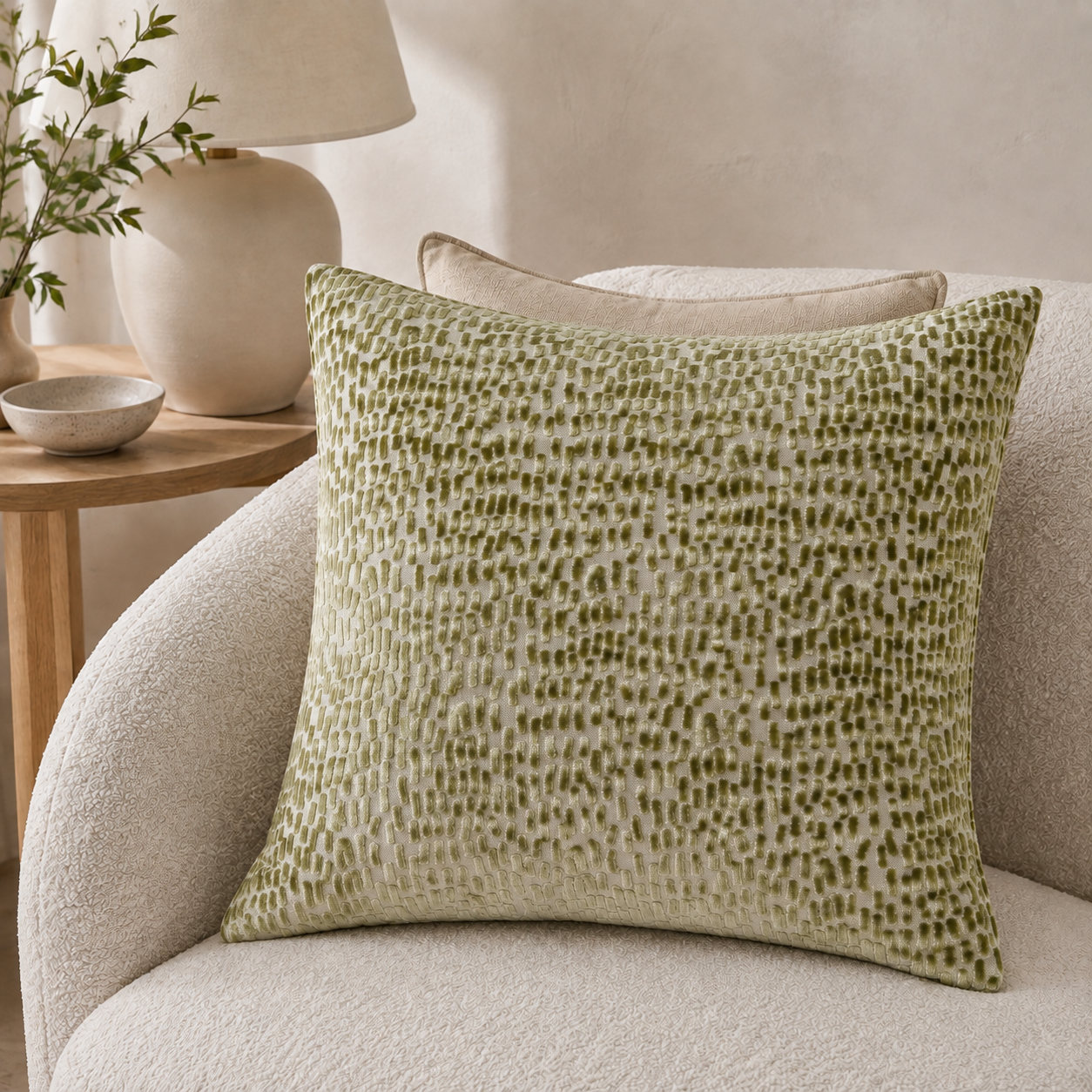 Malini Melody Olive Green Velvet Square Cushion 43x43 lifestyle image