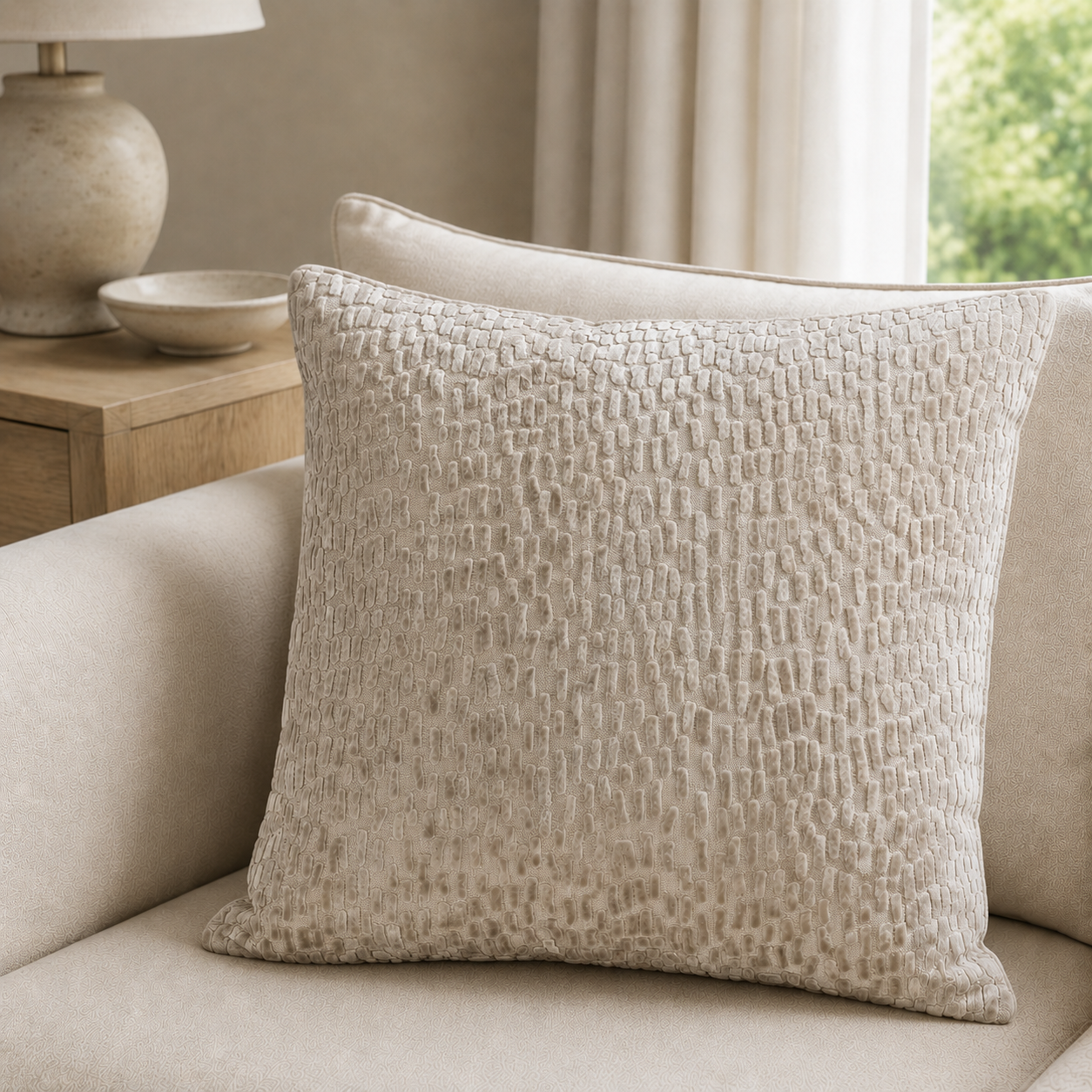 Malini Cut Velvet Dashes Taupe Square Cushion 43x43 lifestyle image