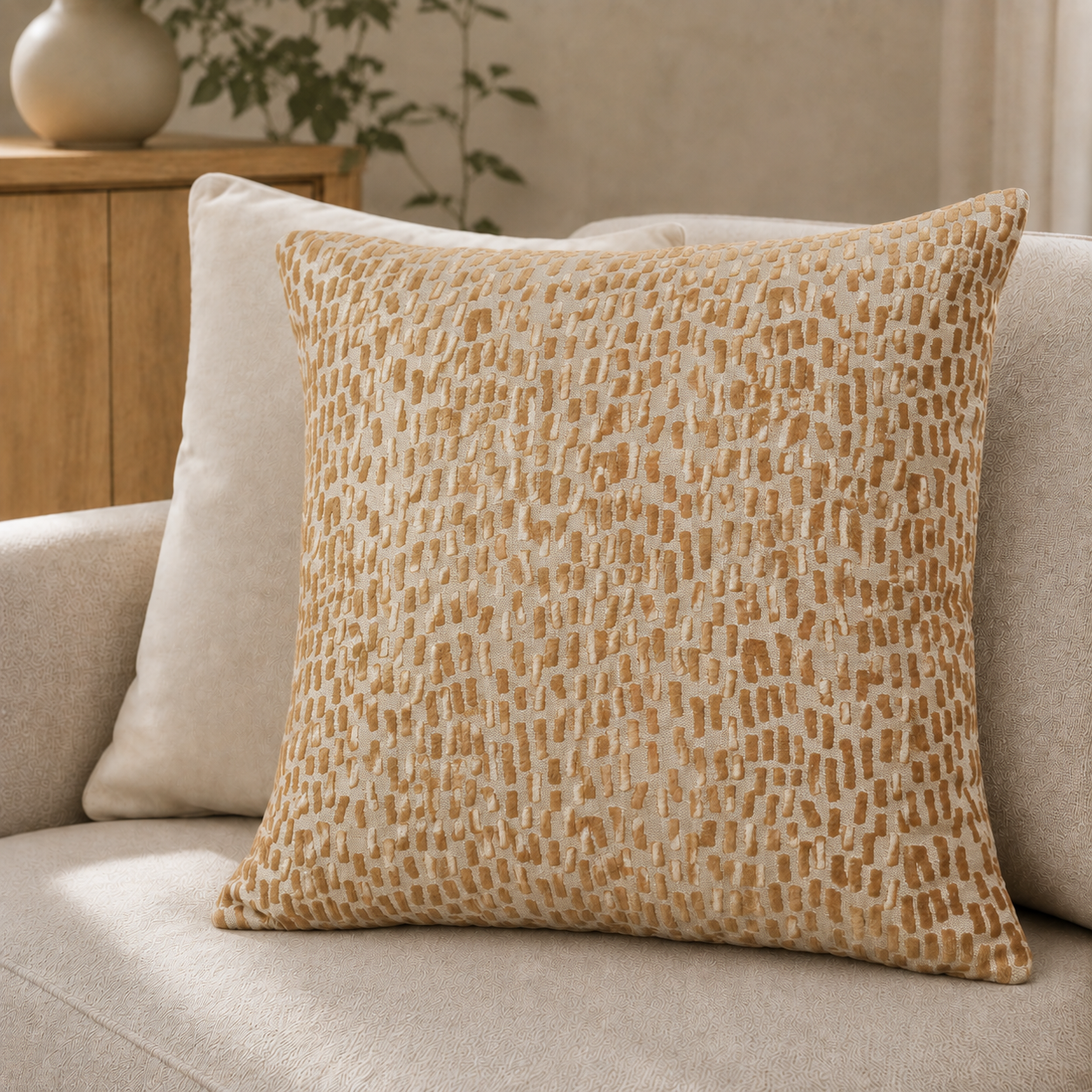 Malini Melody Whiskey Brown Velvet Square Cushion 43x43 lifestyle image