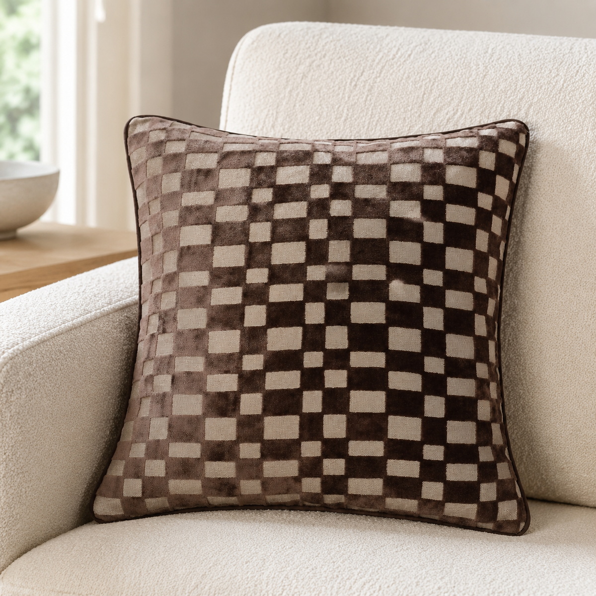 Malini Paul Moneypenny Mod Block Chocolate Brown Velvet Square Cushion 43x43 lifestyle image