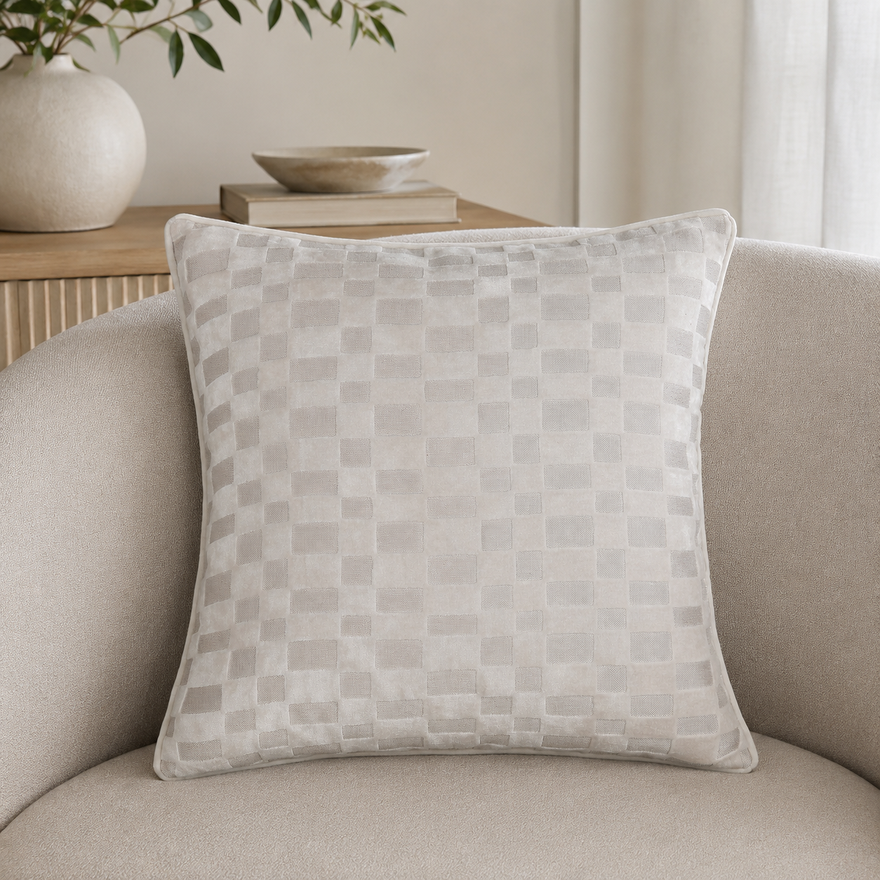 Malini Paul Moneypenny Mod Block Ivory Velvet Square Cushion 43x43 lifestyle image