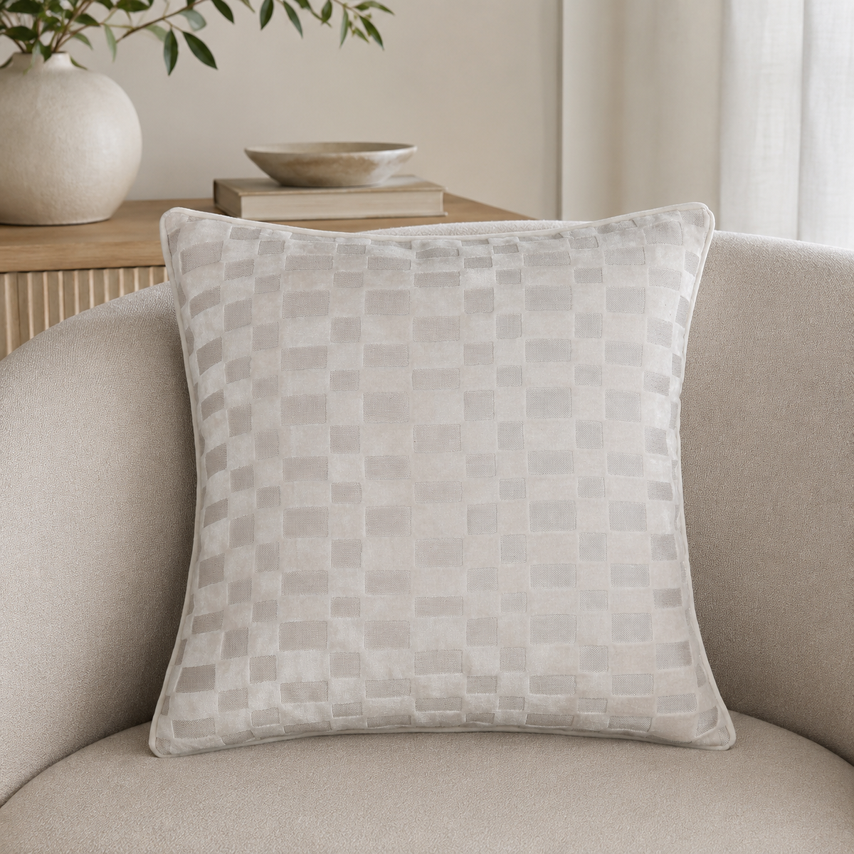 Malini Paul Moneypenny Mod Block Ivory Velvet Square Cushion 43x43 lifestyle image