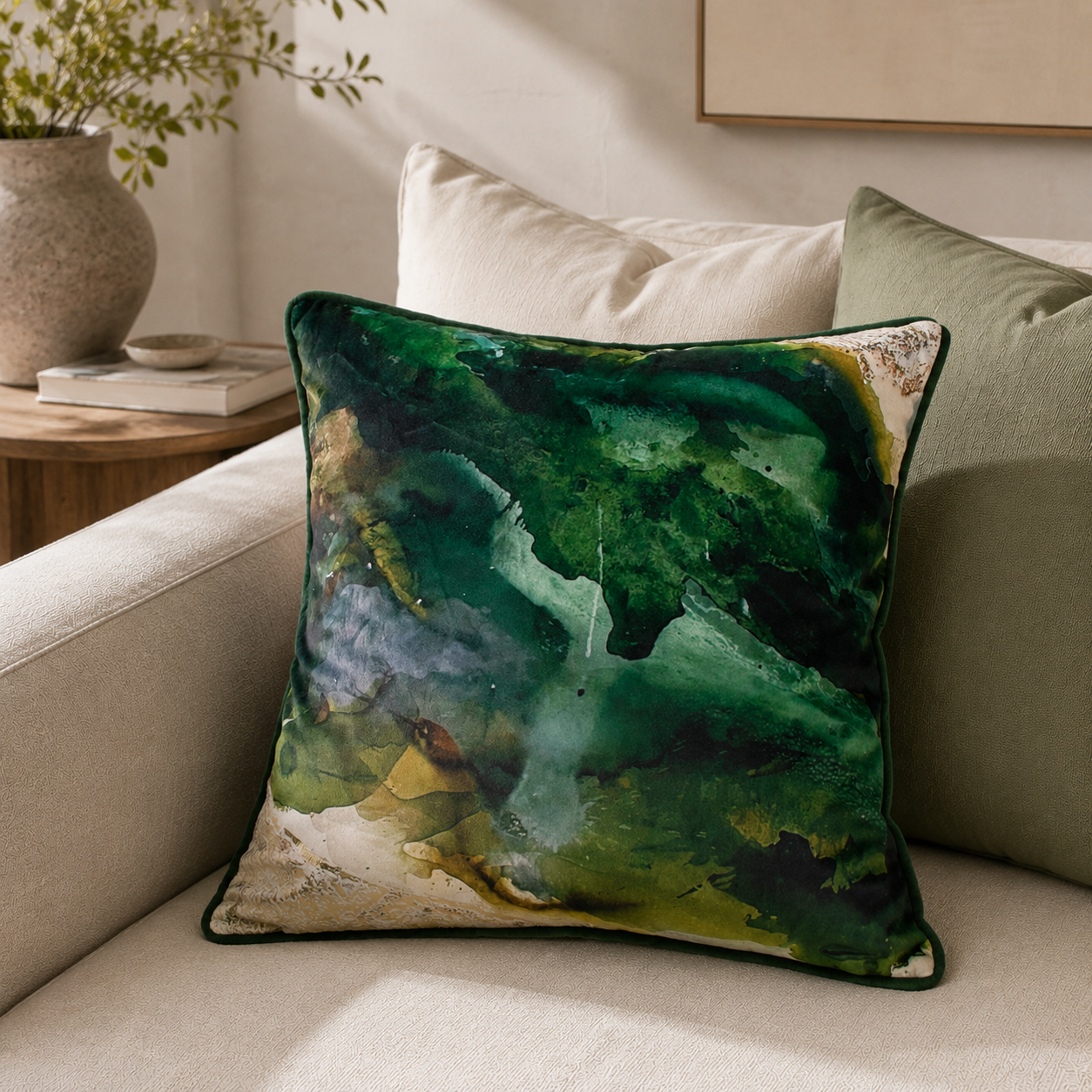 Malini Monteverde Green Spilt Paint Square Cushion 45x45 styled in a light neutral interior