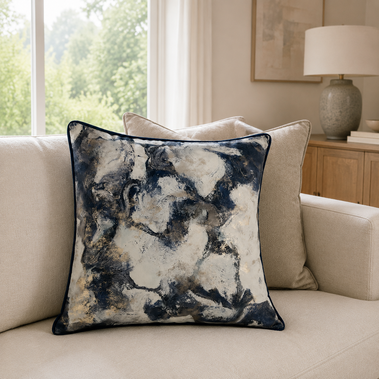 Malini Mystic Blue Gold Foil Velvet Cushion 45x45 lifestyle image