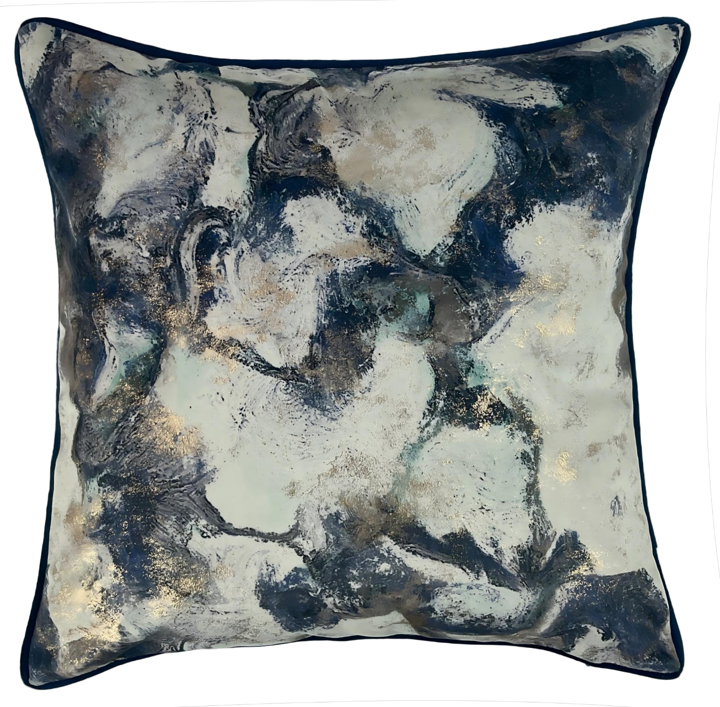 Malini Swirly Blue With Gold Foil Cushion In Vel Square Cushion 45x45