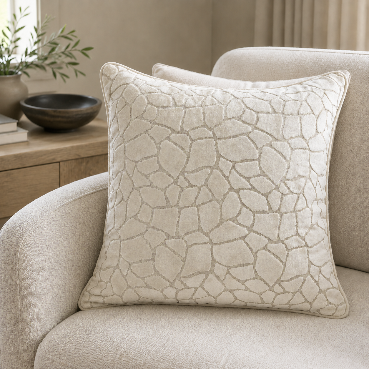 Malini Paul Moneypenny Necking Ivory Velvet Square Cushion 43x43 lifestyle image