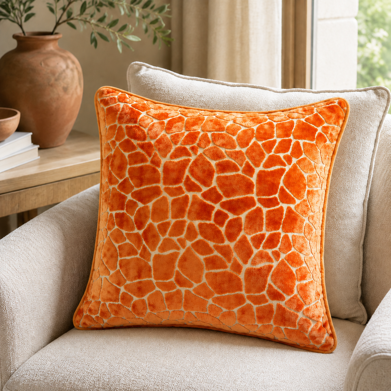 Malini Paul Moneypenny Giraffe Cut Velvet Orange Square Cushion 43x43 lifestyle image
