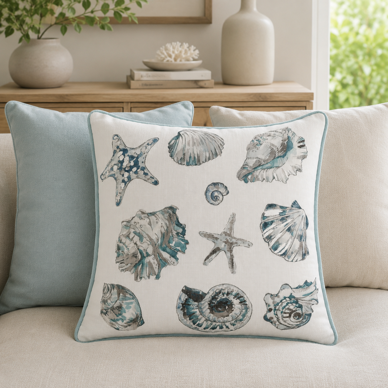 Malini Nerina Sea Foam Green & Cream Faux Linen Square Cushion 45x45 styled in a light neutral interior