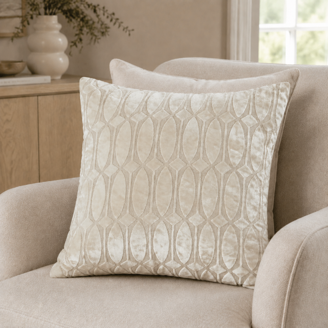 Malini Paul Moneypenny Off the Rails Ivory Velvet Square Cushion 43x43 lifestyle image