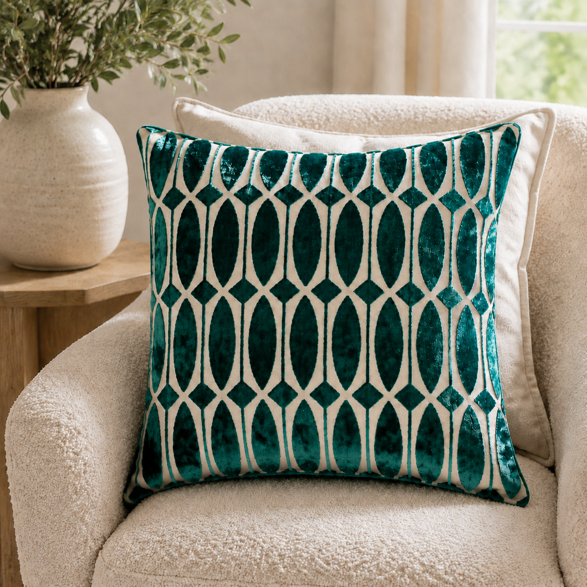 Malini Paul Moneypenny Off the Rails Teal Blue Velvet Square Cushion 43x43 lifestyle image
