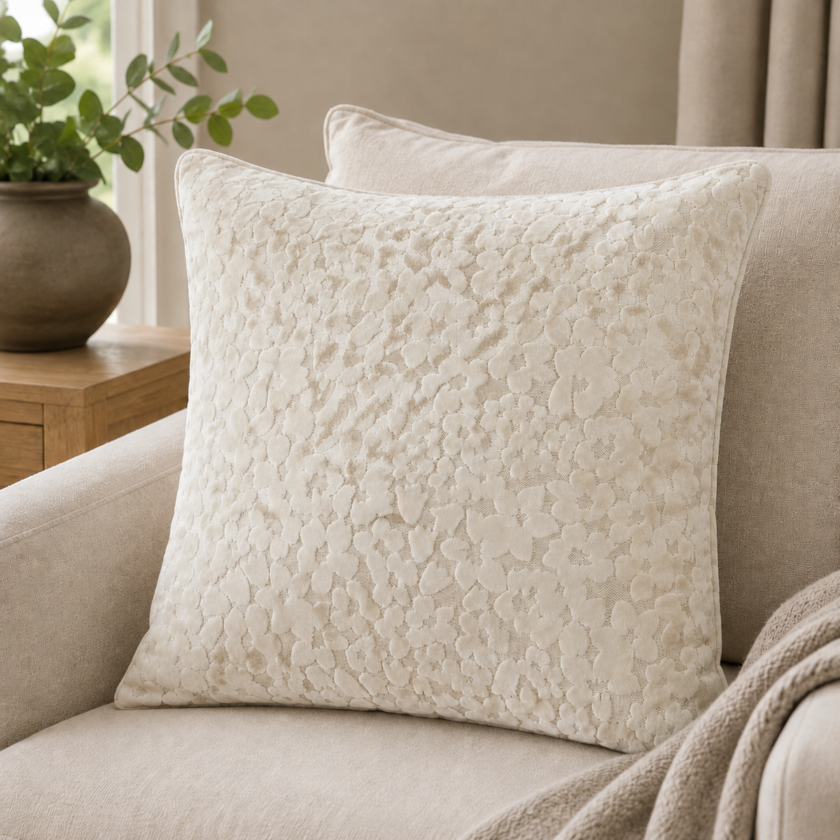 Malini Paul Moneypenny Oopsie Daisy Ivory Velvet Square Cushion 43x43 lifestyle image