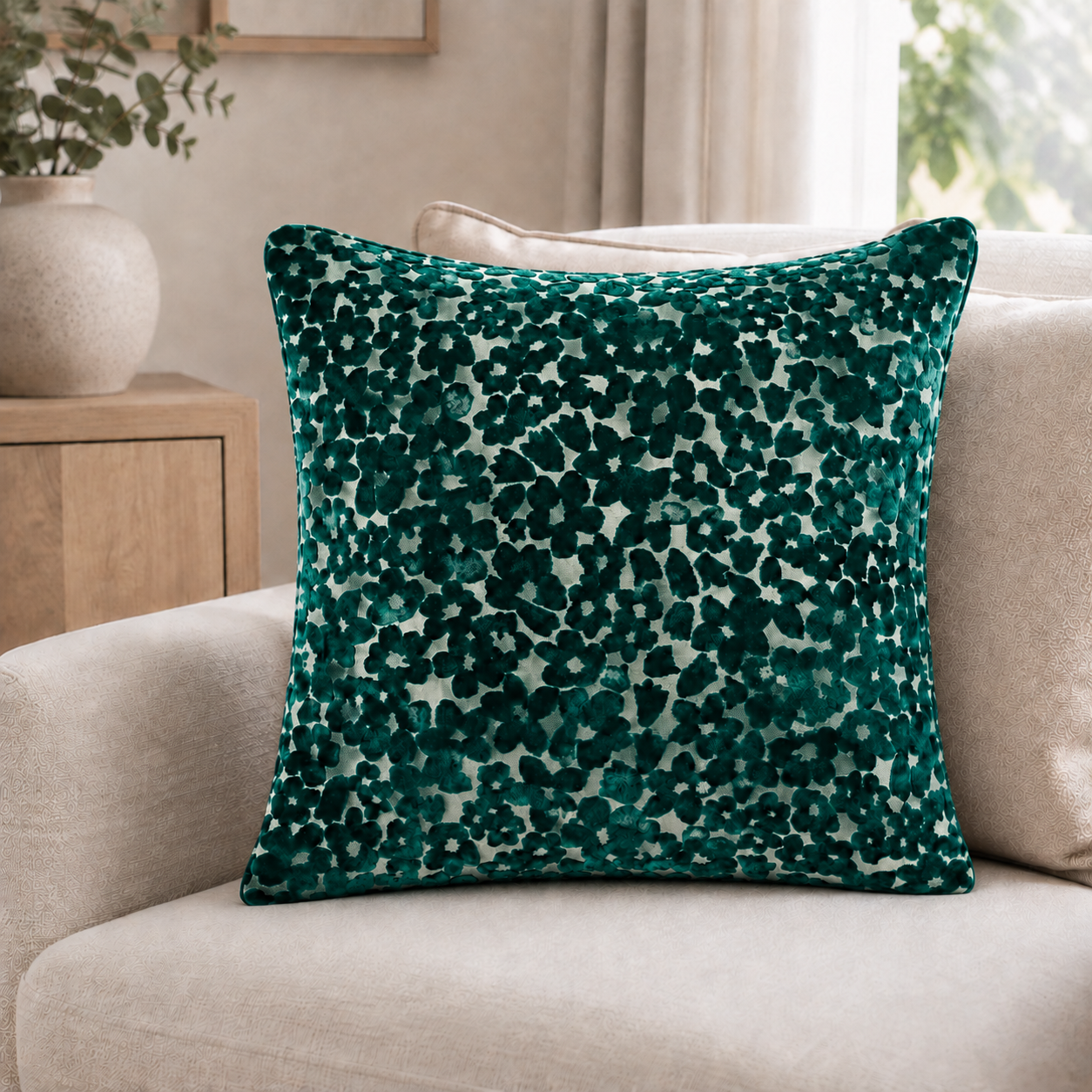 Malini Paul Moneypenny Oopsie Daisy Teal Blue Velvet Square Cushion 43x43 lifestyle image