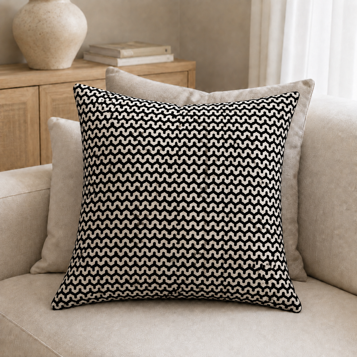 Malini Oslo Velvet Wave Black Square Cushion 43x43 lifestyle image
