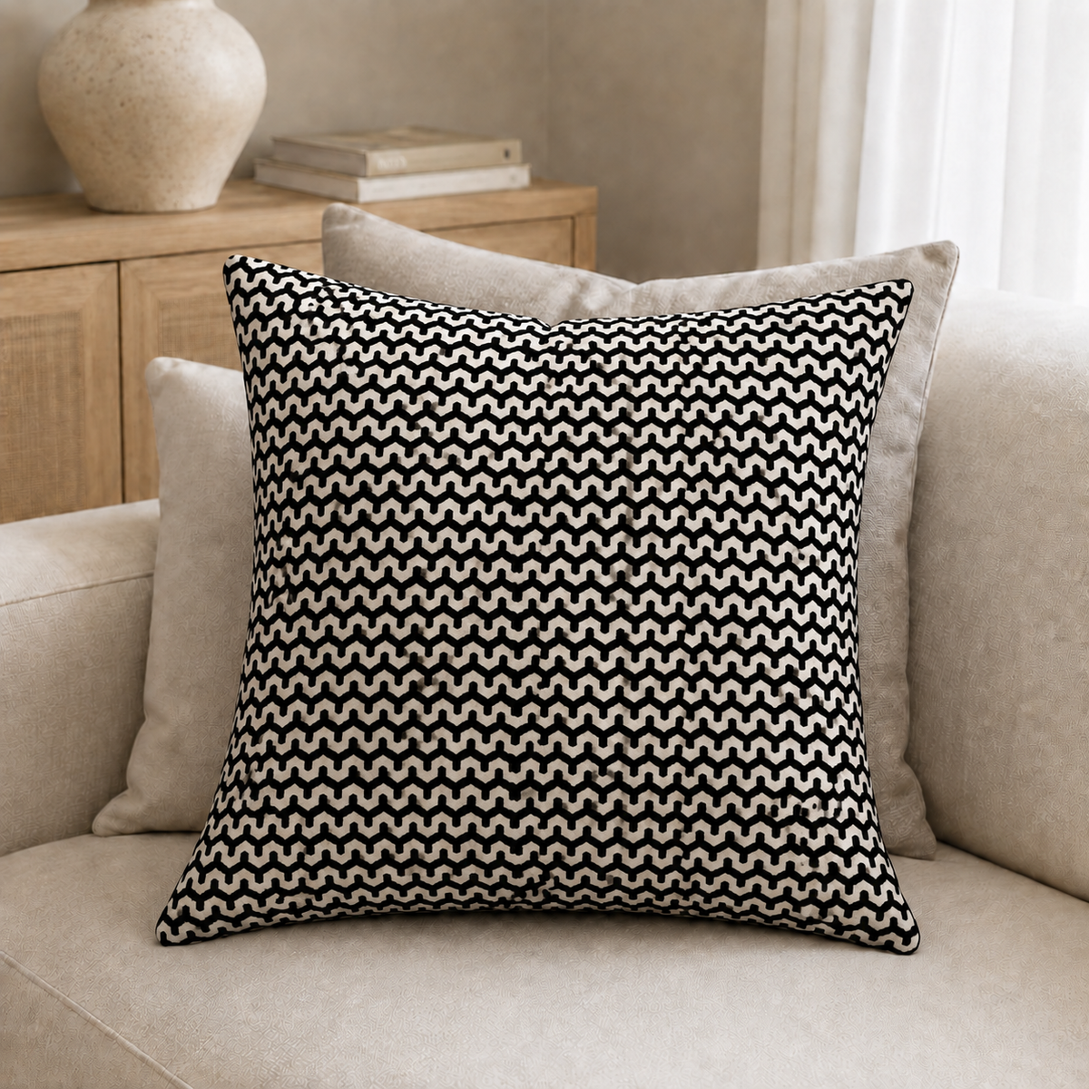 Malini Oslo Velvet Wave Black Square Cushion 43x43 lifestyle image