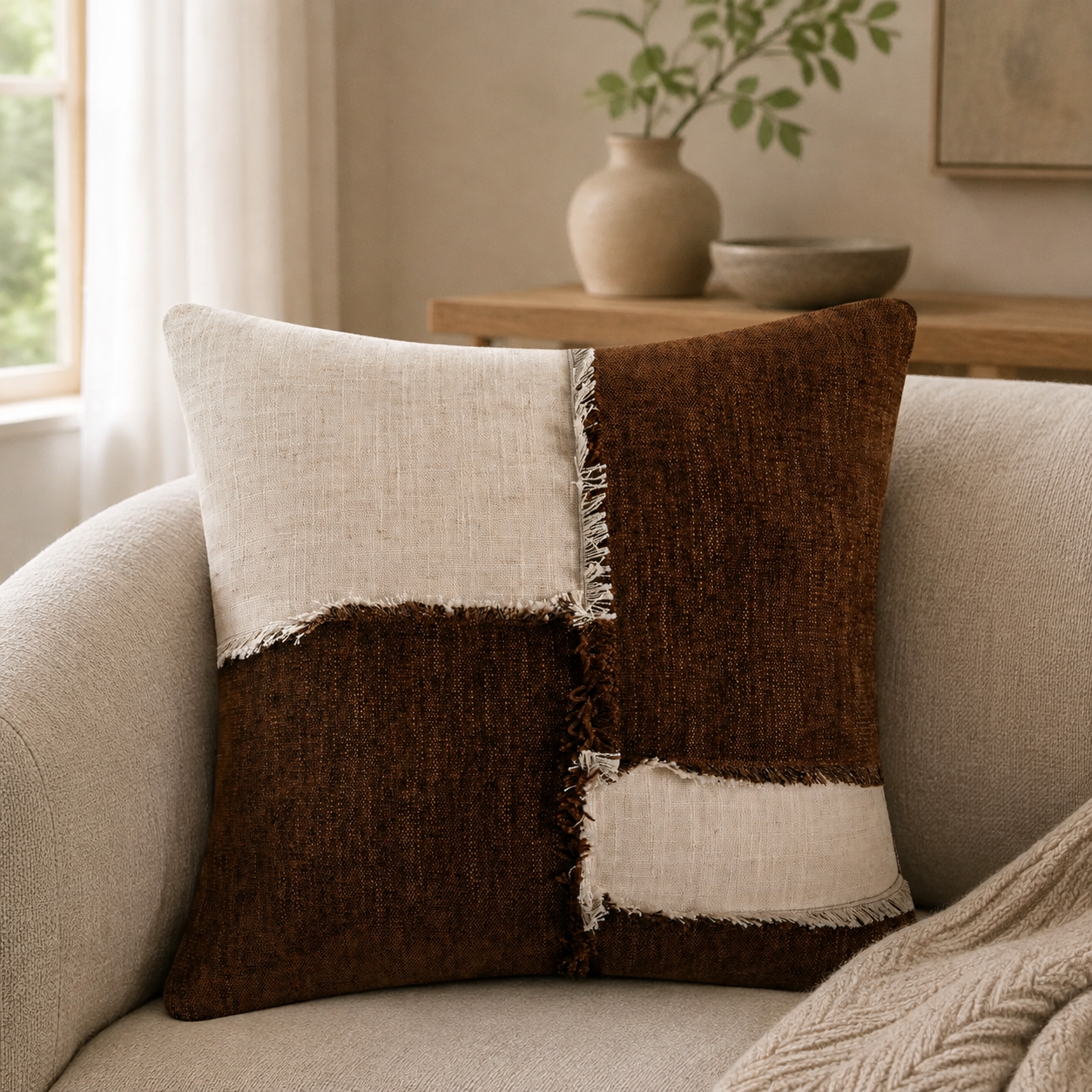 Malini Otis Brown Chenille & Linen Square Cushion 45x45 lifestyle image
