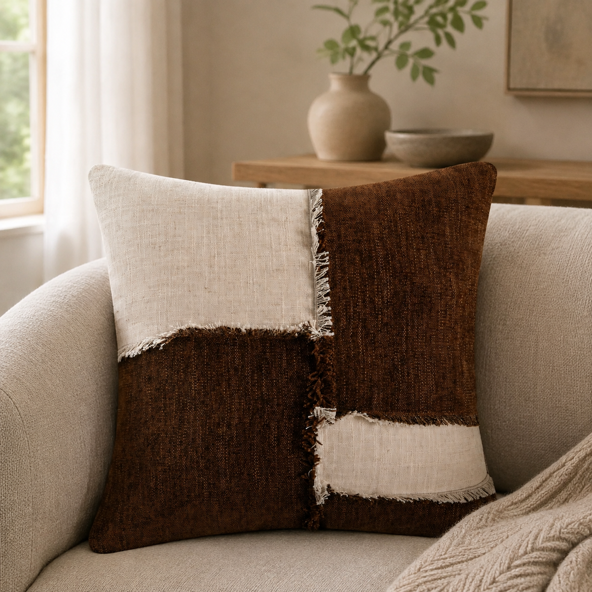 Malini Otis Brown Chenille & Linen Square Cushion 45x45 lifestyle image