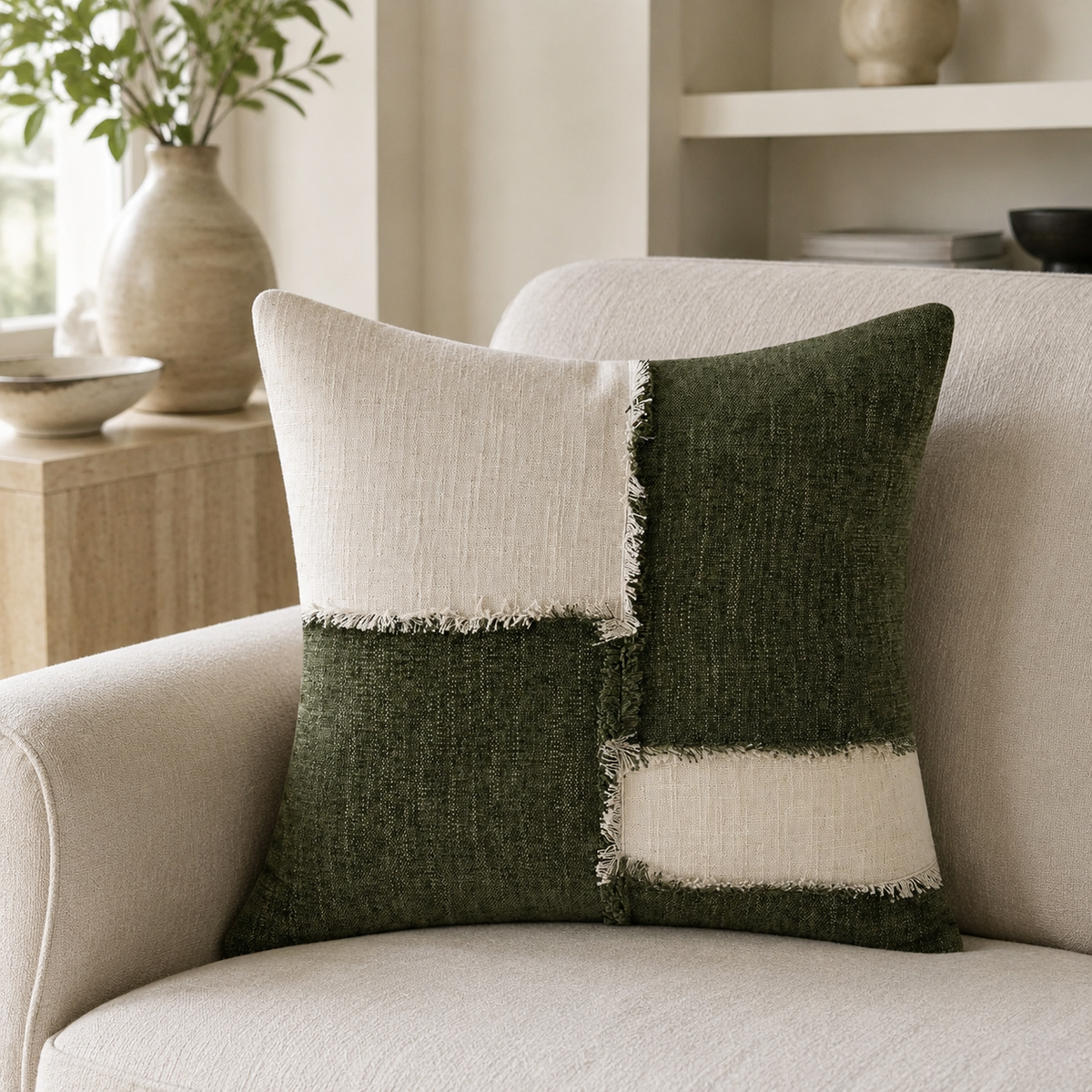 Malini Otis Olive Green Chenille & Linen Square Cushion 45x45 lifestyle image
