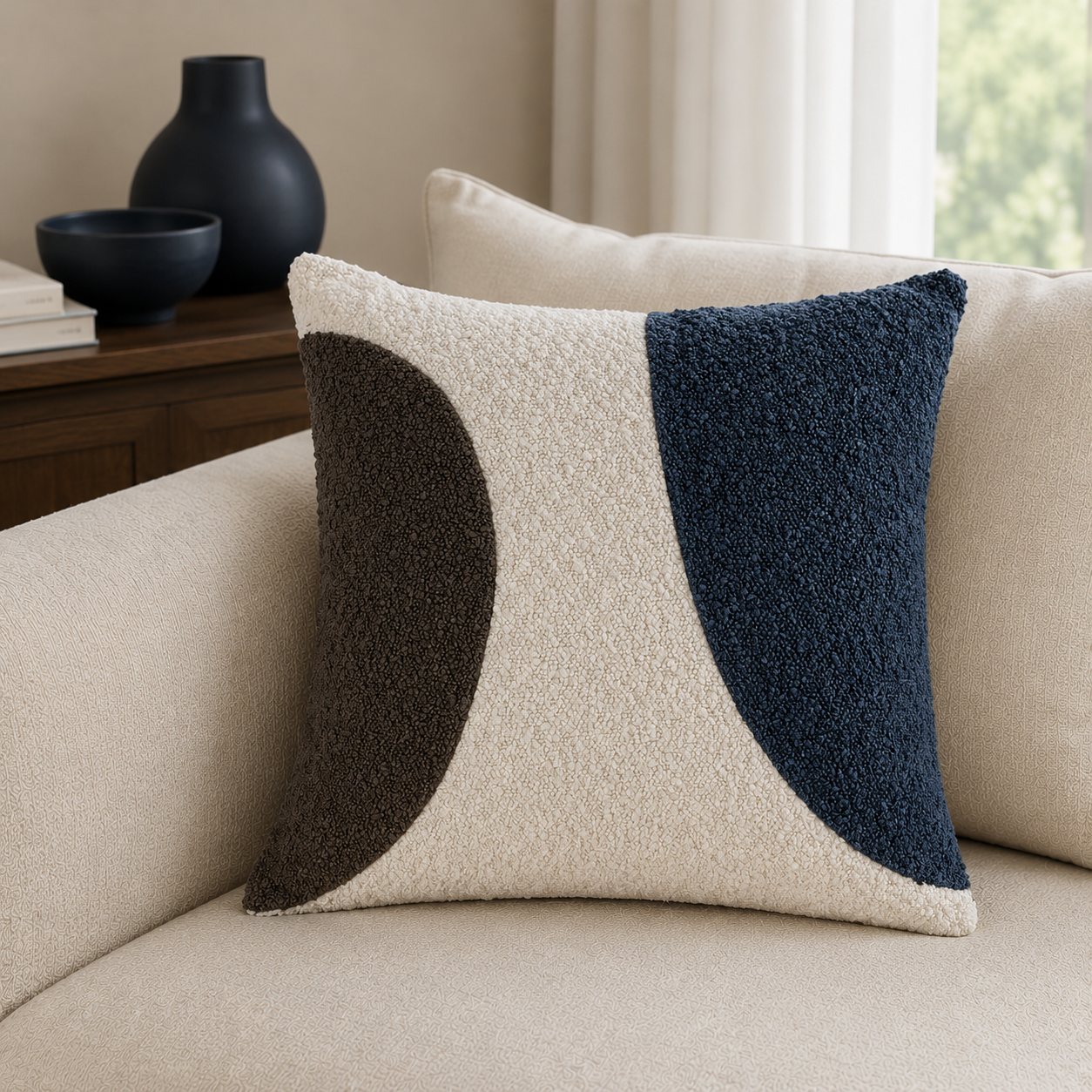 Malini Boucle Circles In Navy & Brown With Boucle Rev Square Cushion 45x45 lifestyle image