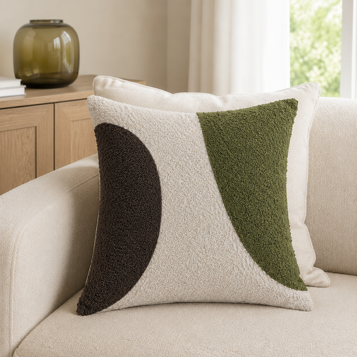 Malini Boucle Circles In Olive & Brown With Boucle Rev Square Cushion 45x45 lifestyle image