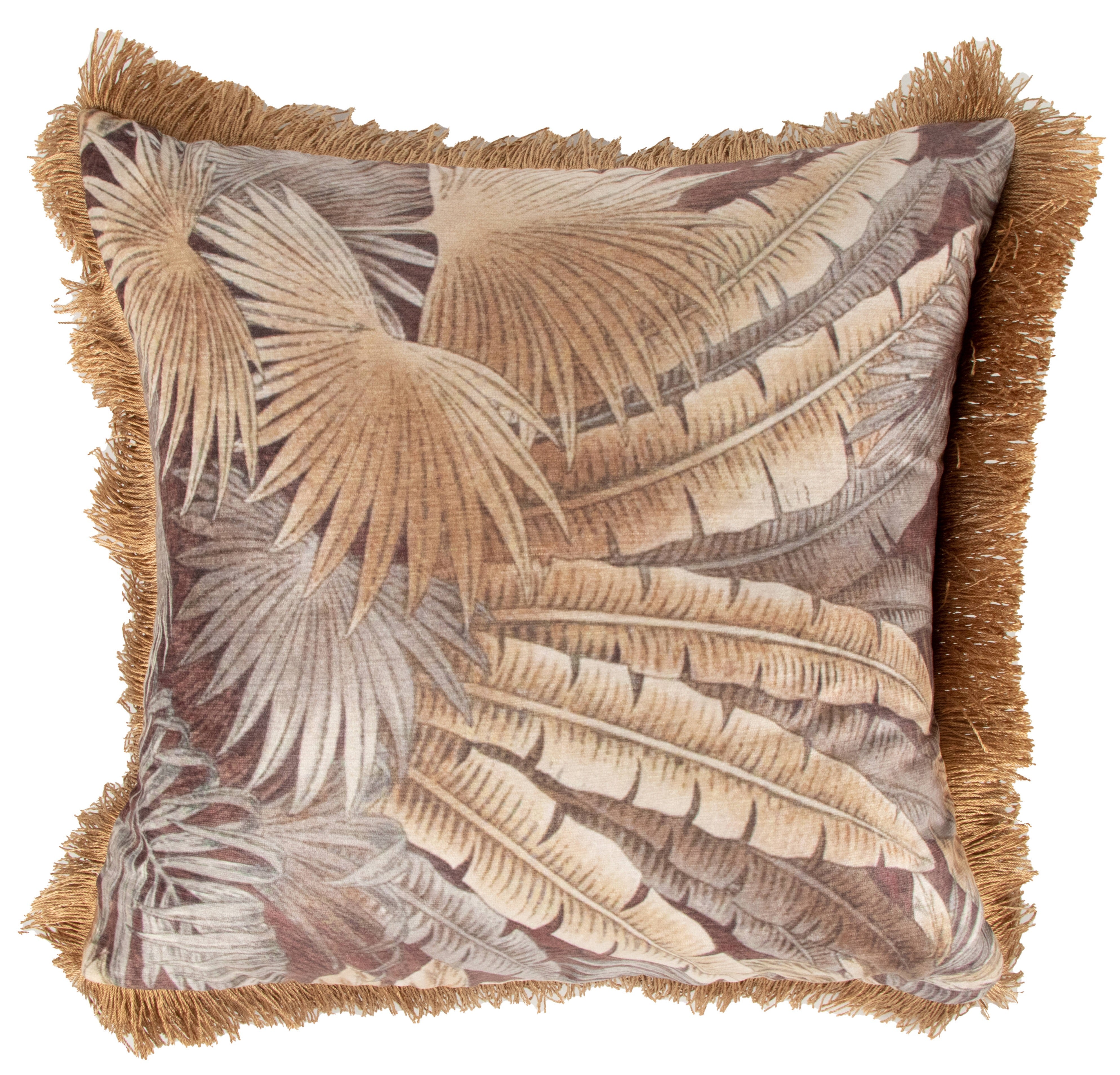 Malini Printed Palm Leaf In Choc Tones With Fringe Square Cushion 45x45