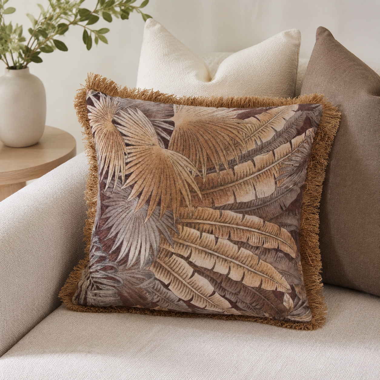 Malini Palmora Chocolate 45x45 fringed cushion styled on a light neutral sofa
