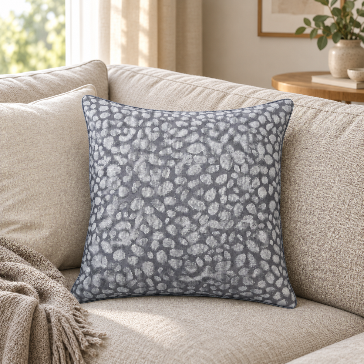 Malini Pebbles Design Weave Grey Square Cushion 43x43 lifestyle image